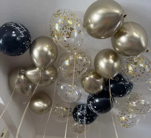 ceiling balloons gold and black