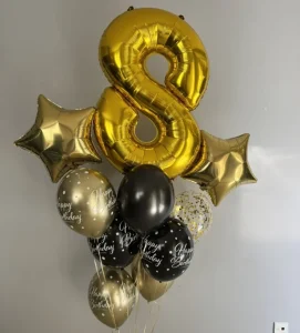 Happy birthday 8 years golden balloon and bouquet